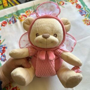 Vintage 2003 Fisher Price NATURE BEARRIES Pink Flower Teddy Bear Rattle Plush